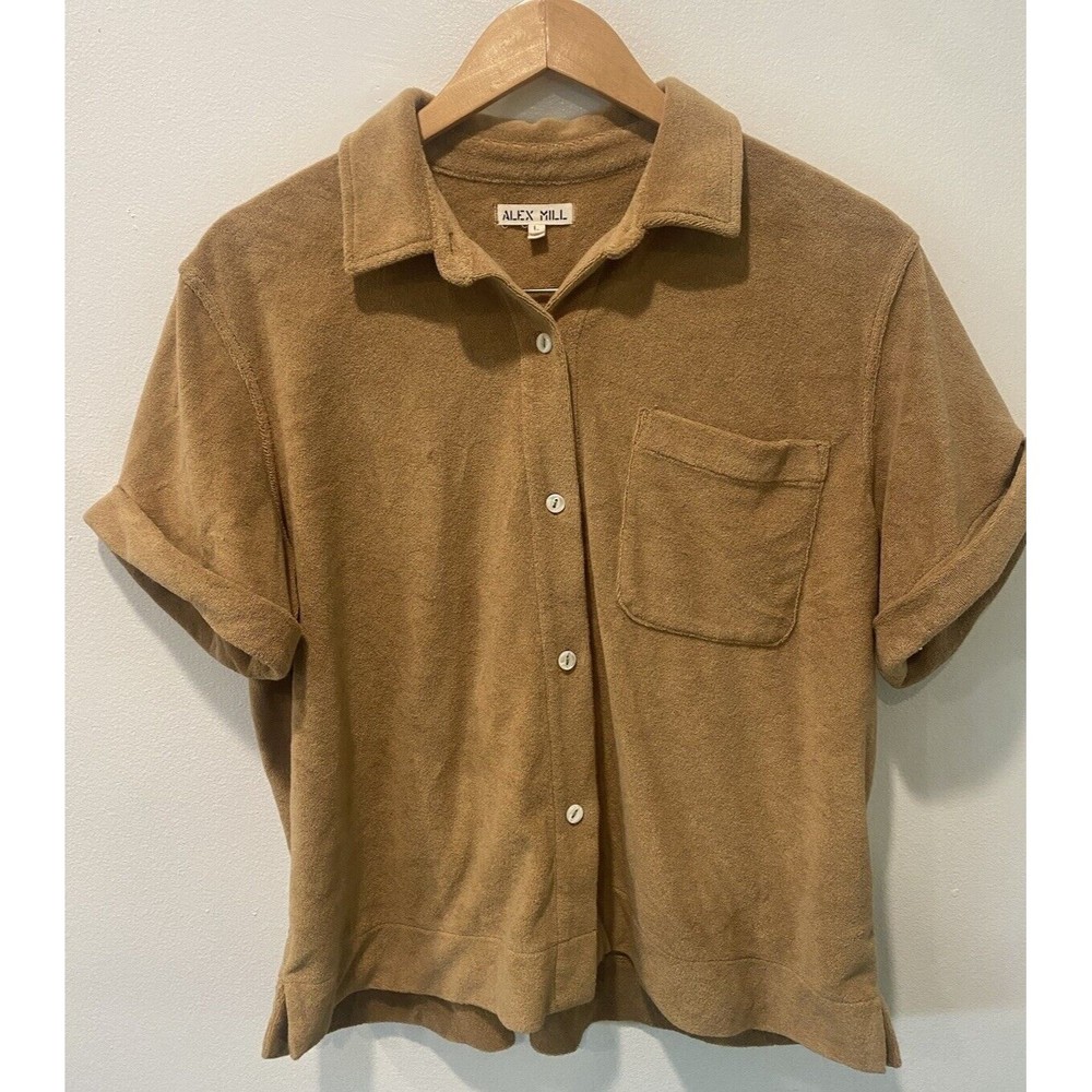 Alex Mill Womens Top Benny Shirt Golden Flax Terry Cloth Button Up Sz L Retro - Picture 2 of 9